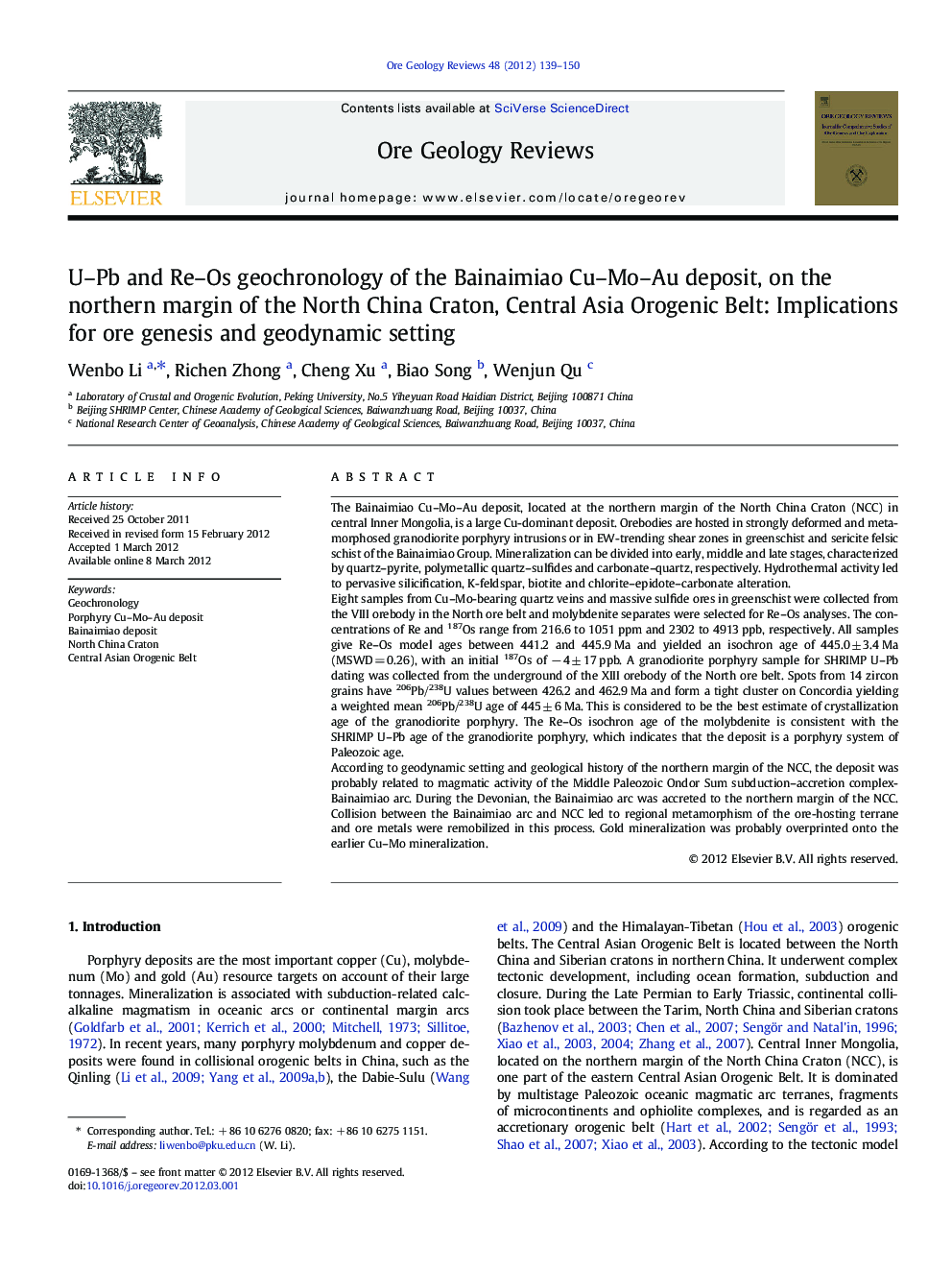 U-Pb and Re-Os geochronology of the Bainaimiao Cu-Mo-Au deposit, on the northern margin of the North China Craton, Central Asia Orogenic Belt: Implications for ore genesis and geodynamic setting