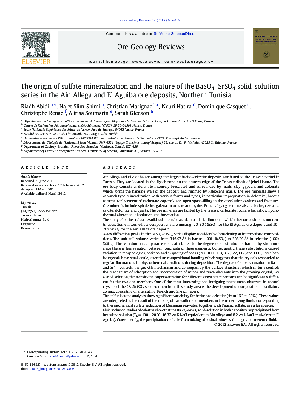 The origin of sulfate mineralization and the nature of the BaSO4-SrSO4 solid-solution series in the Ain Allega and El Aguiba ore deposits, Northern Tunisia