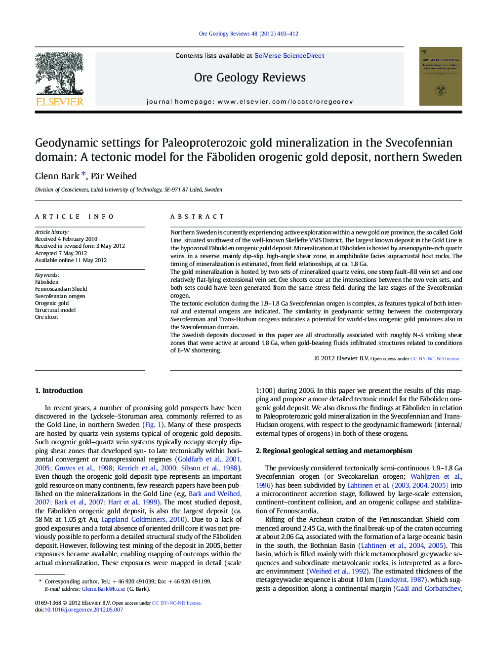 Geodynamic settings for Paleoproterozoic gold mineralization in the Svecofennian domain: A tectonic model for the Fäboliden orogenic gold deposit, northern Sweden