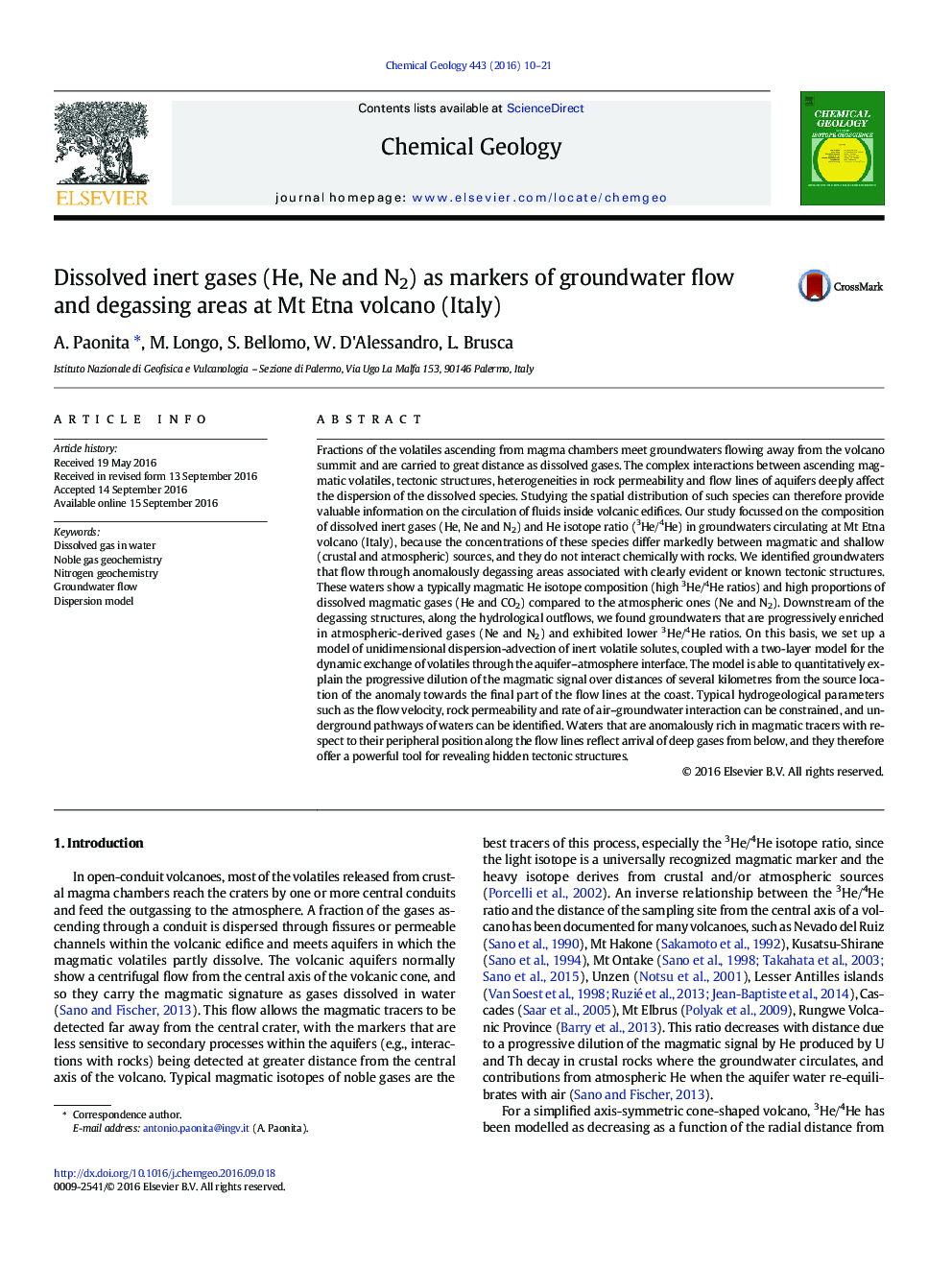 Dissolved inert gases (He, Ne and N2) as markers of groundwater flow and degassing areas at Mt Etna volcano (Italy)