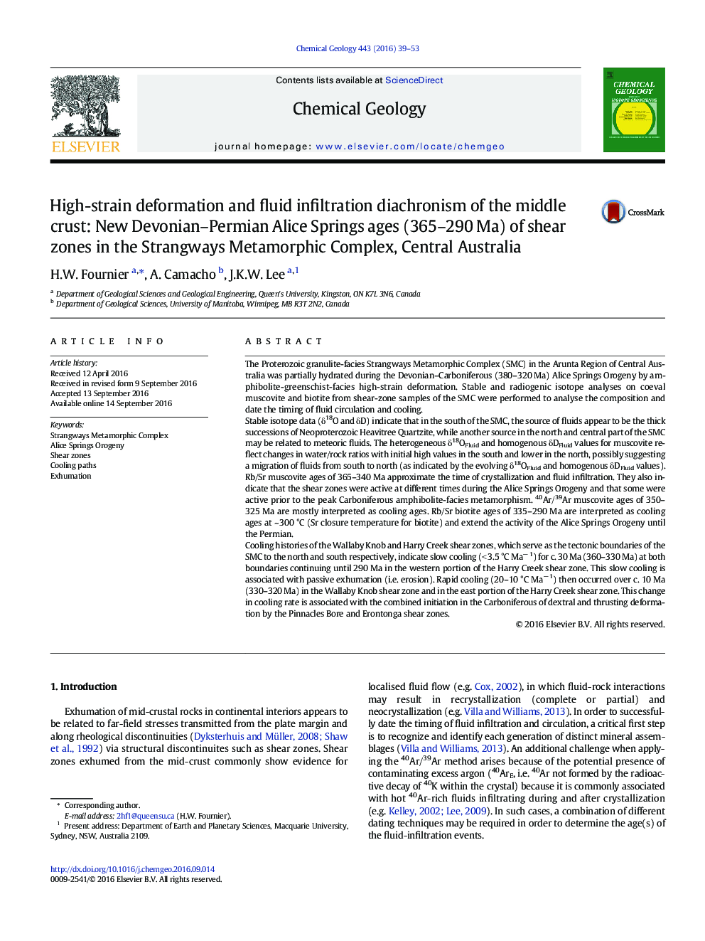 High-strain deformation and fluid infiltration diachronism of the middle crust: New Devonian-Permian Alice Springs ages (365-290Â Ma) of shear zones in the Strangways Metamorphic Complex, Central Australia