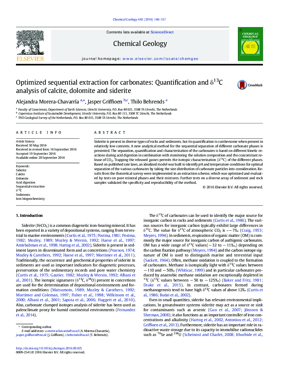 Optimized sequential extraction for carbonates: Quantification and Î´13C analysis of calcite, dolomite and siderite