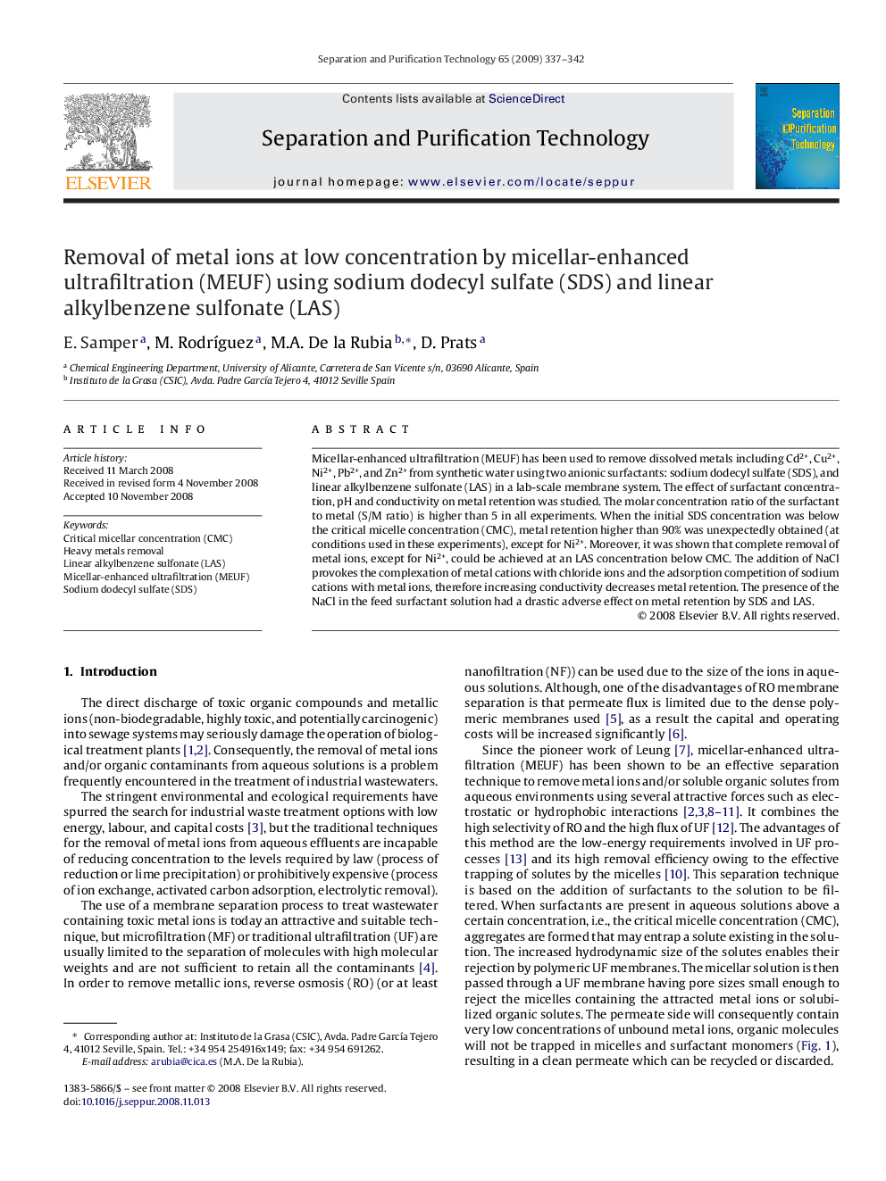 Removal of metal ions at low concentration by micellar-enhanced ultrafiltration (MEUF) using sodium dodecyl sulfate (SDS) and linear alkylbenzene sulfonate (LAS)