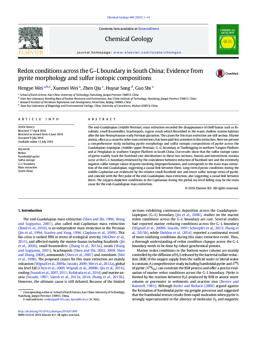 Redox conditions across the G-L boundary in South China: Evidence from pyrite morphology and sulfur isotopic compositions