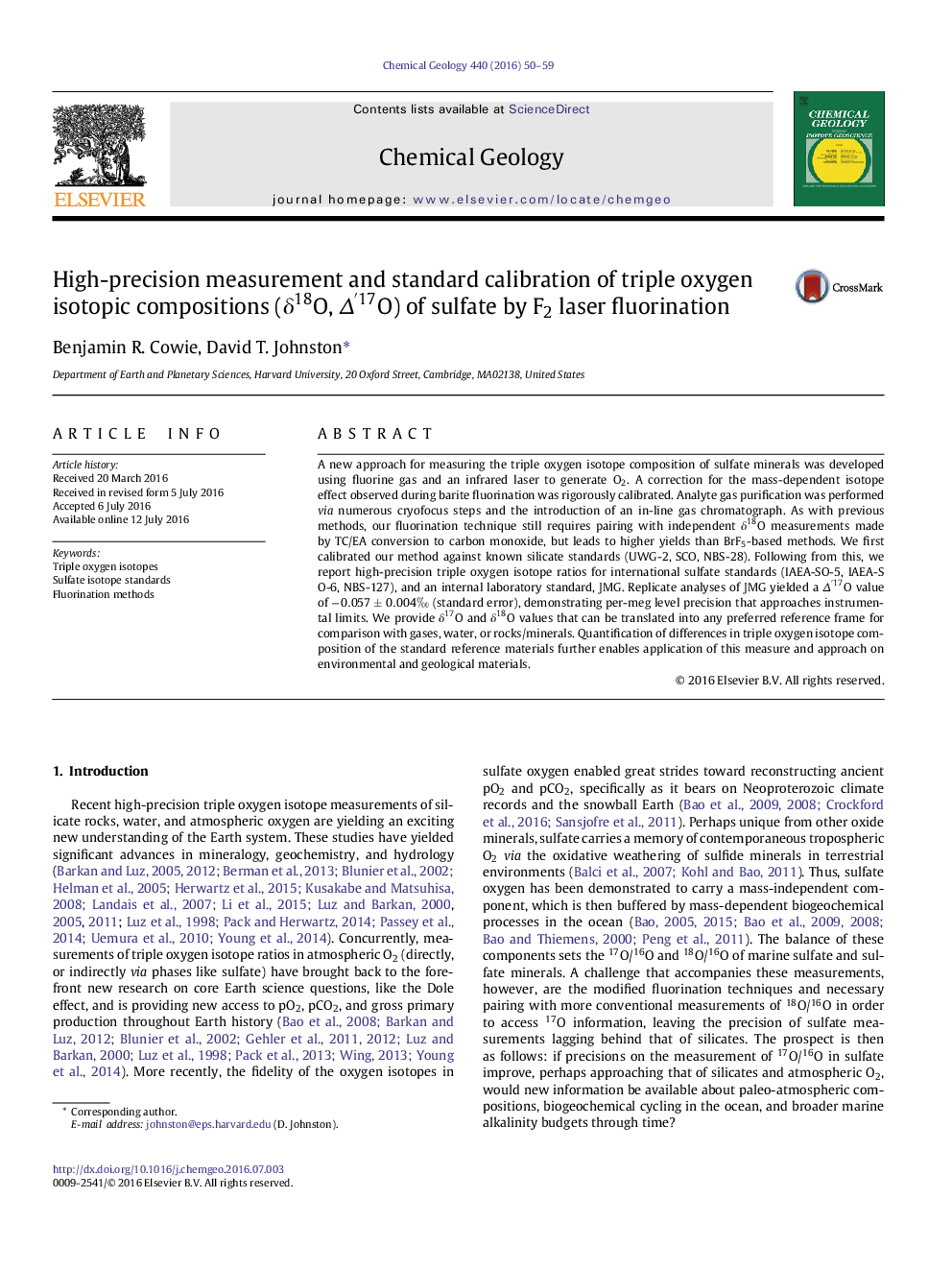 High-precision measurement and standard calibration of triple oxygen isotopic compositions (Î´18O, Îâ²17O) of sulfate by F2 laser fluorination