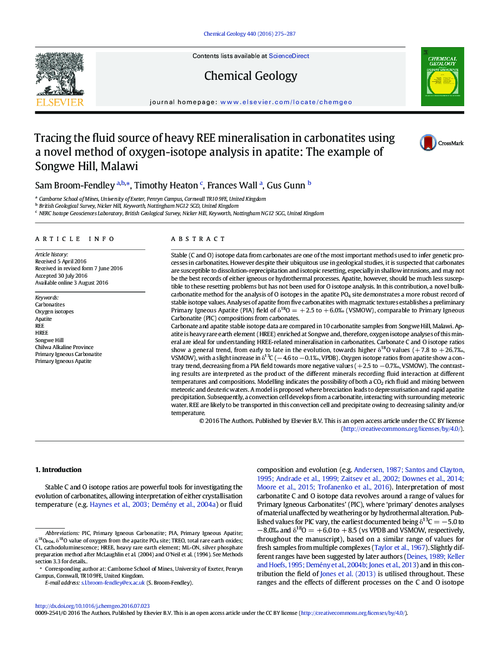 Tracing the fluid source of heavy REE mineralisation in carbonatites using a novel method of oxygen-isotope analysis in apatite: The example of Songwe Hill, Malawi