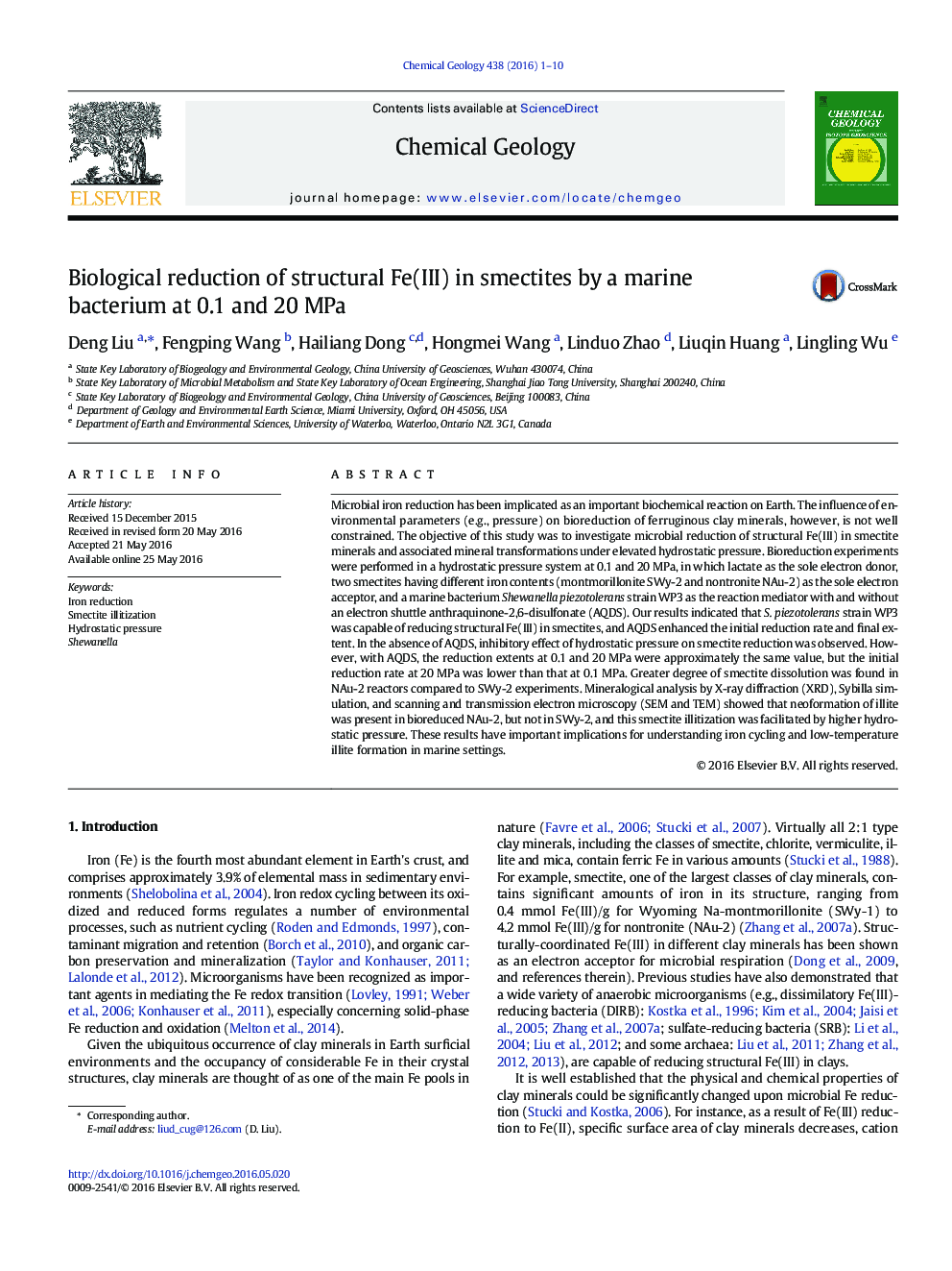 Biological reduction of structural Fe(III) in smectites by a marine bacterium at 0.1 and 20Â MPa