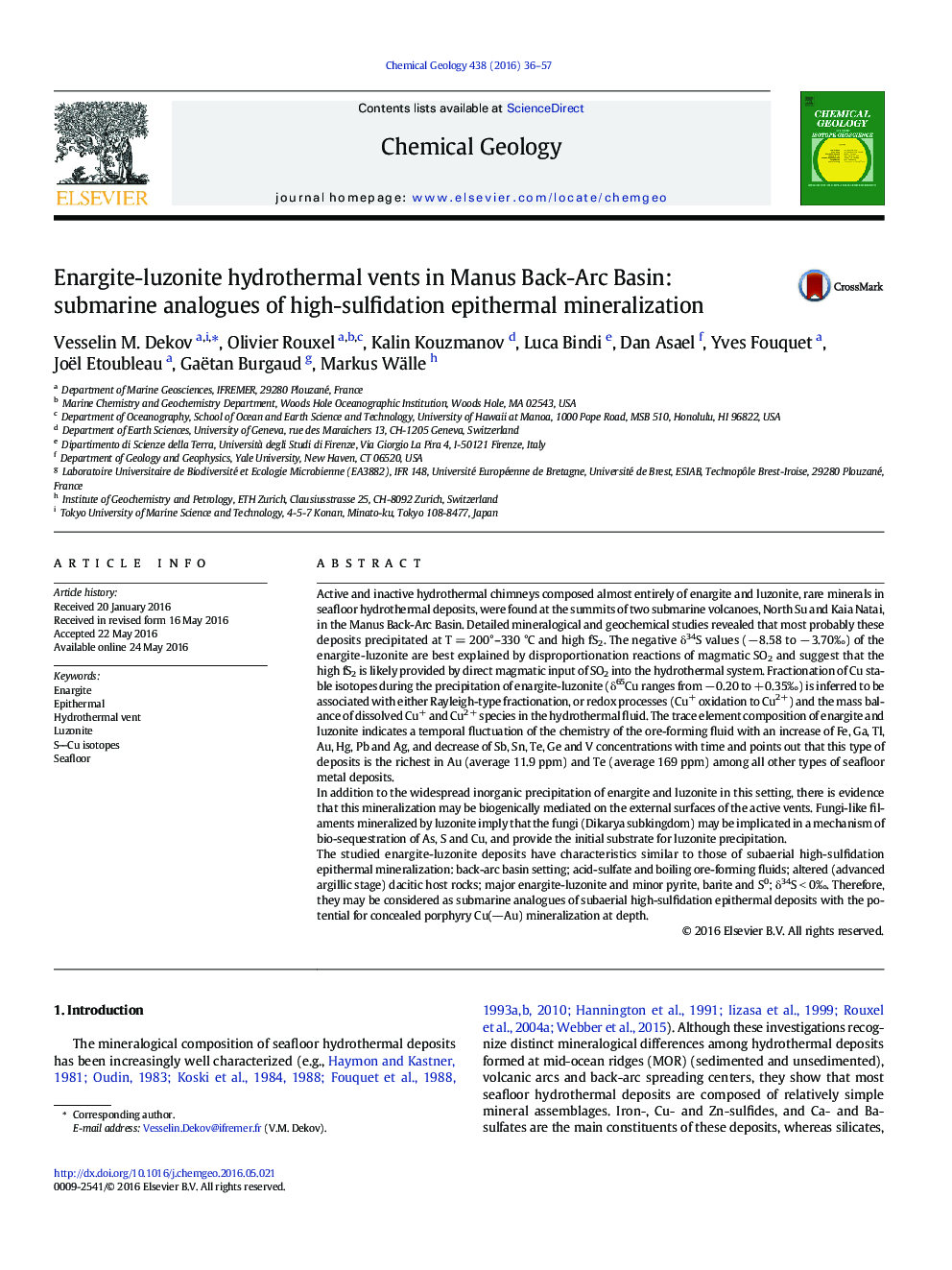 Enargite-luzonite hydrothermal vents in Manus Back-Arc Basin: submarine analogues of high-sulfidation epithermal mineralization