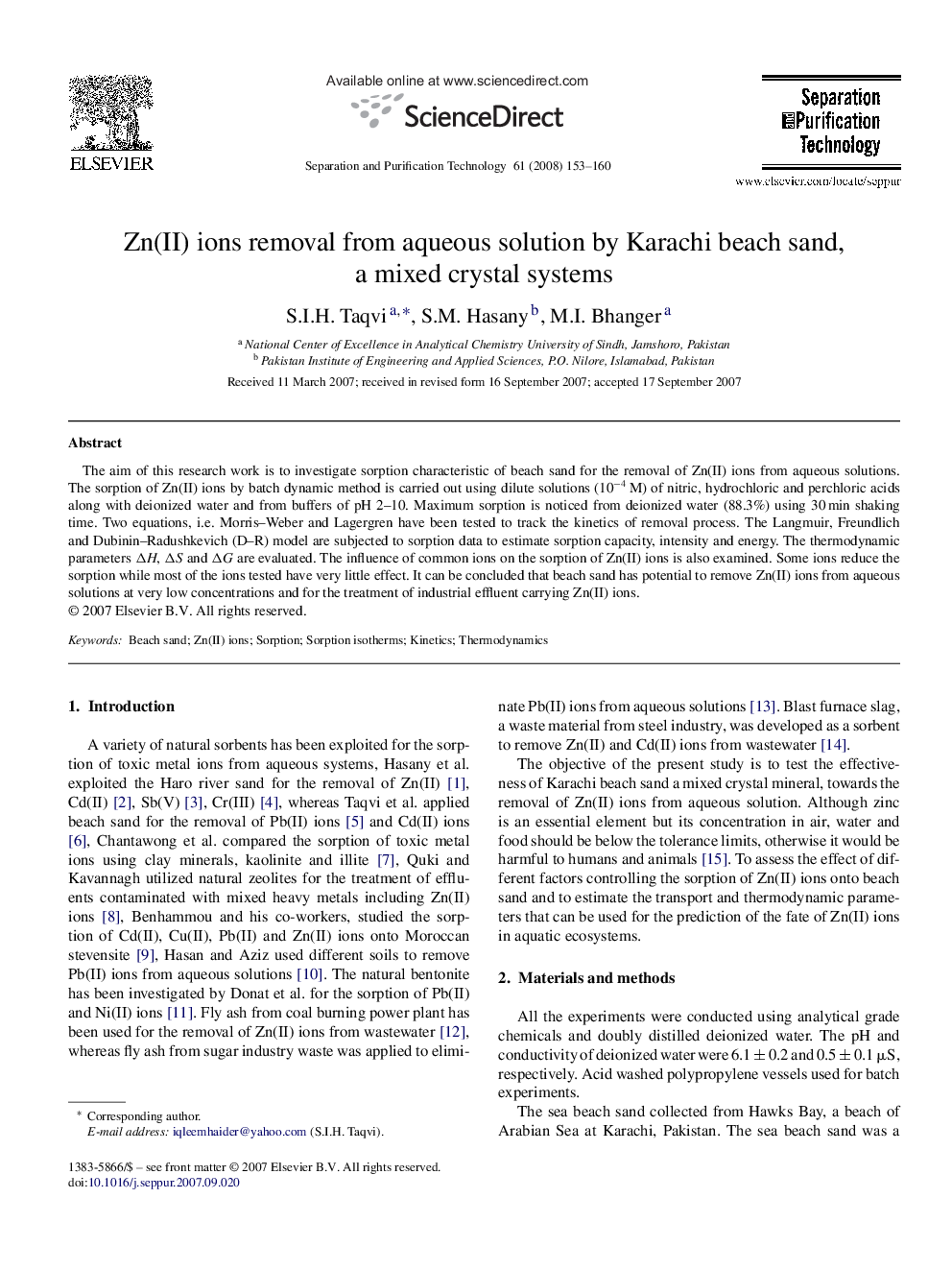 Zn(II) ions removal from aqueous solution by Karachi beach sand, a mixed crystal systems