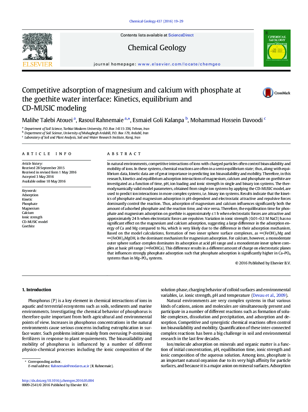 Competitive adsorption of magnesium and calcium with phosphate at the goethite water interface: Kinetics, equilibrium and CD-MUSIC modeling