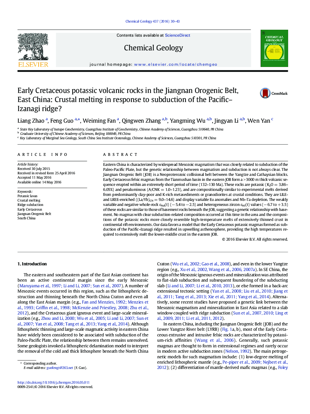 Early Cretaceous potassic volcanic rocks in the Jiangnan Orogenic Belt, East China: Crustal melting in response to subduction of the Pacific-Izanagi ridge?