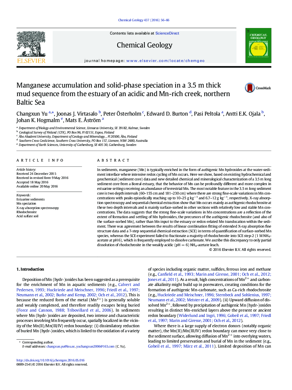 Manganese accumulation and solid-phase speciation in a 3.5Â m thick mud sequence from the estuary of an acidic and Mn-rich creek, northern Baltic Sea