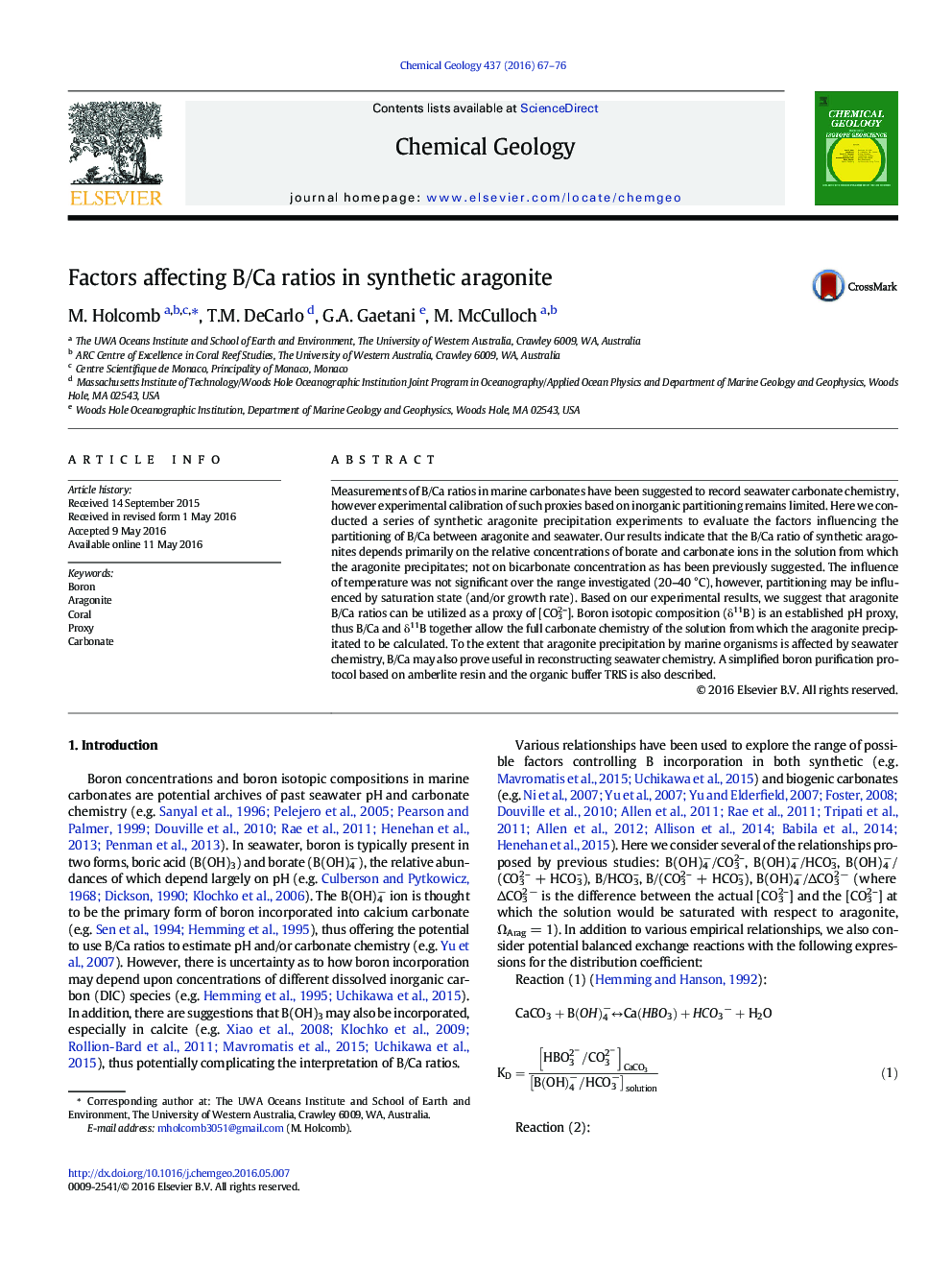 Factors affecting B/Ca ratios in synthetic aragonite