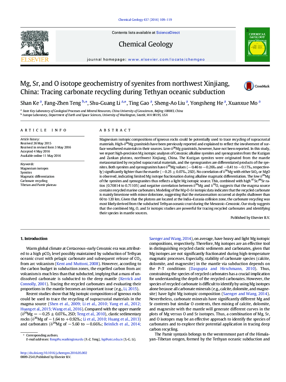 Mg, Sr, and O isotope geochemistry of syenites from northwest Xinjiang, China: Tracing carbonate recycling during Tethyan oceanic subduction