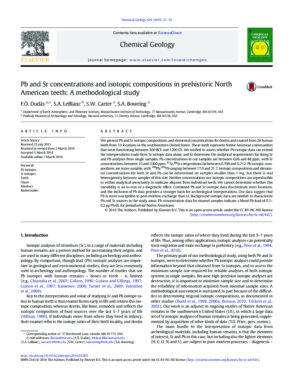 Pb and Sr concentrations and isotopic compositions in prehistoric North American teeth: A methodological study