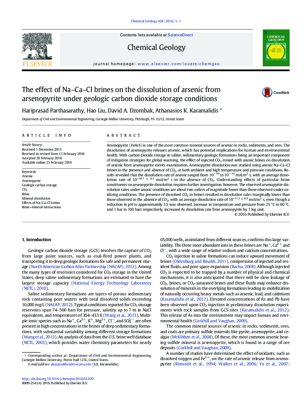 The effect of Na-Ca-Cl brines on the dissolution of arsenic from arsenopyrite under geologic carbon dioxide storage conditions