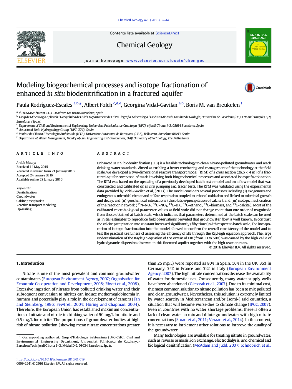 Modeling biogeochemical processes and isotope fractionation of enhanced in situ biodenitrification in a fractured aquifer