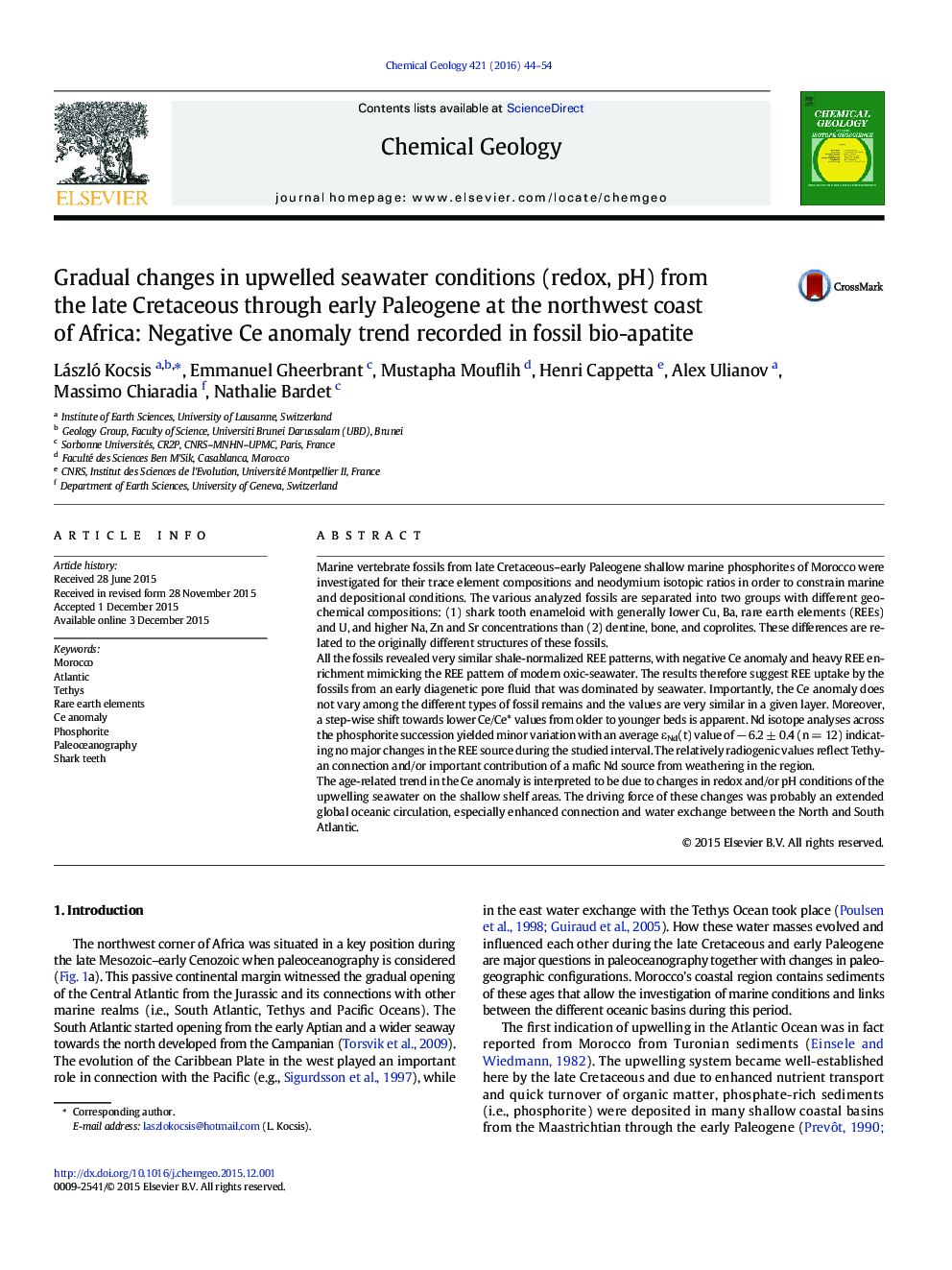 Gradual changes in upwelled seawater conditions (redox, pH) from the late Cretaceous through early Paleogene at the northwest coast of Africa: Negative Ce anomaly trend recorded in fossil bio-apatite