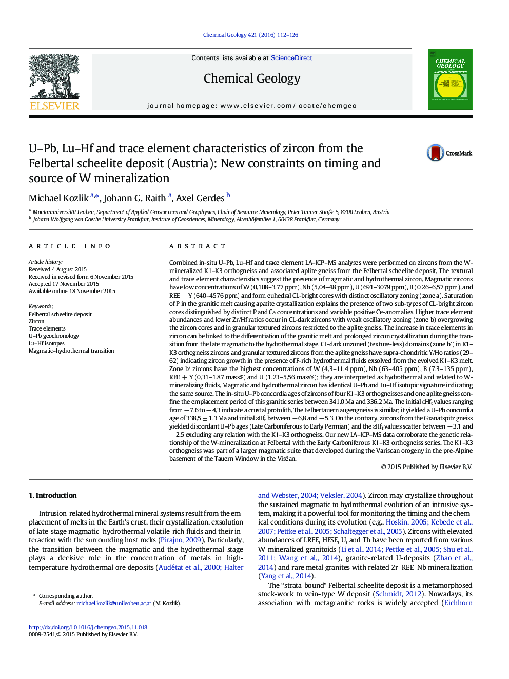 U-Pb, Lu-Hf and trace element characteristics of zircon from the Felbertal scheelite deposit (Austria): New constraints on timing and source of W mineralization