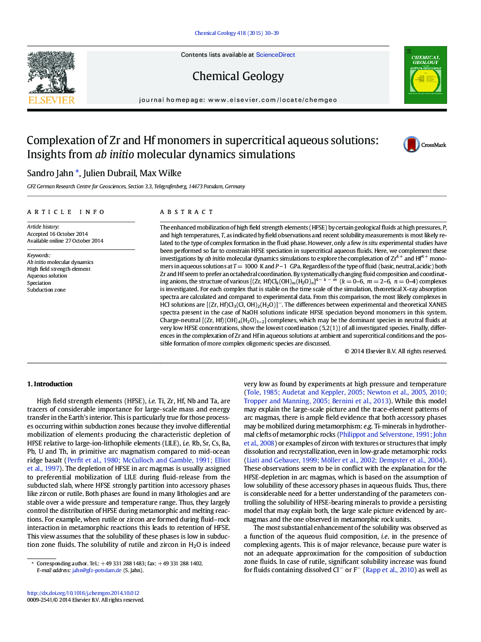 Complexation of Zr and Hf monomers in supercritical aqueous solutions: Insights from ab initio molecular dynamics simulations