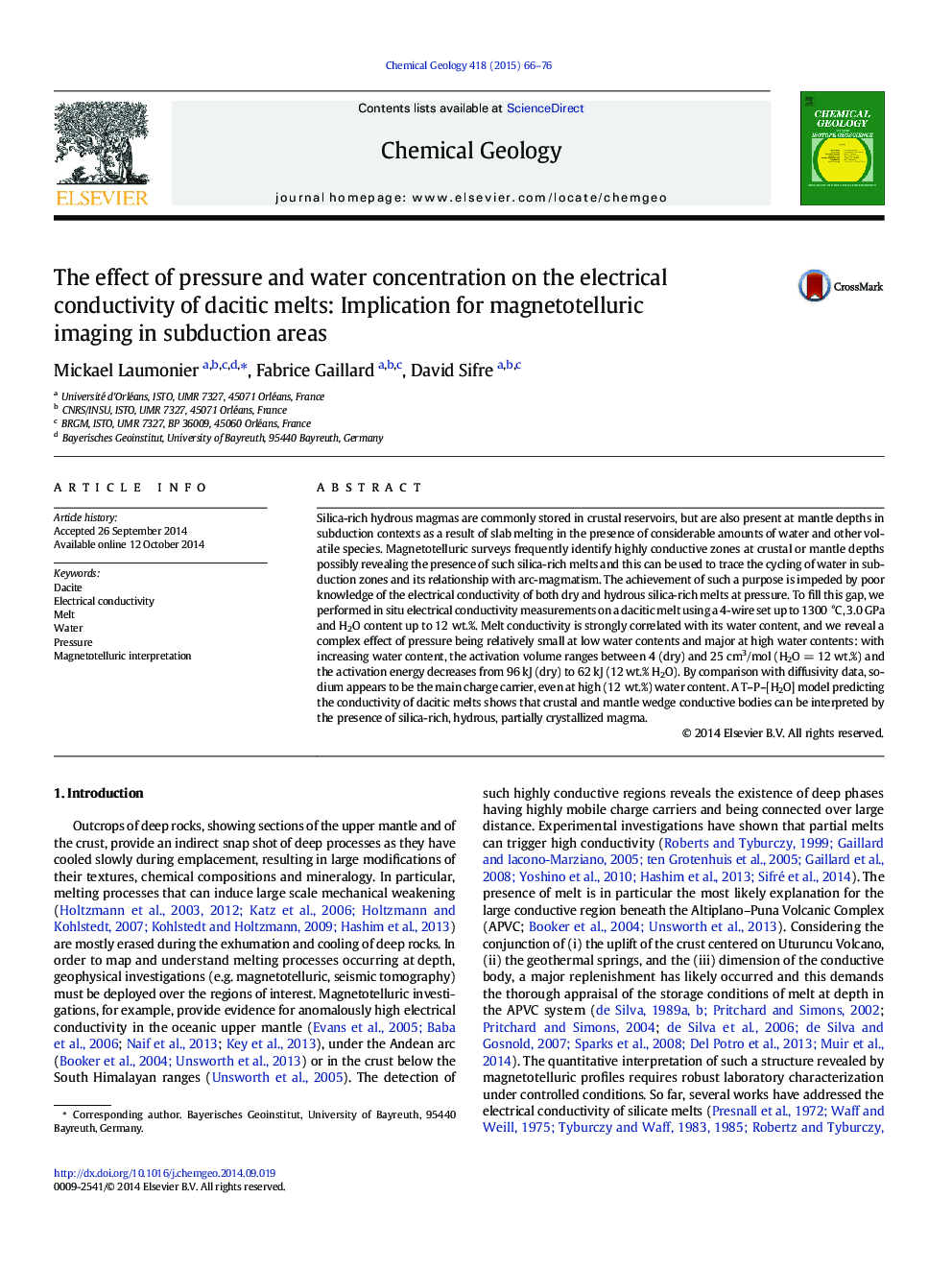 The effect of pressure and water concentration on the electrical conductivity of dacitic melts: Implication for magnetotelluric imaging in subduction areas