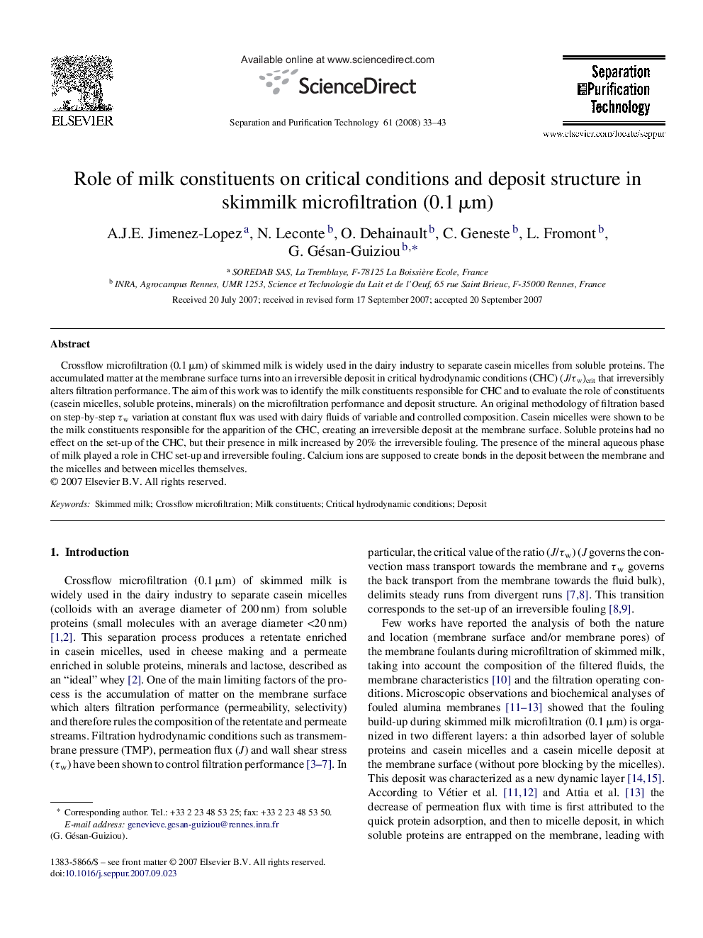 Role of milk constituents on critical conditions and deposit structure in skimmilk microfiltration (0.1 μm)