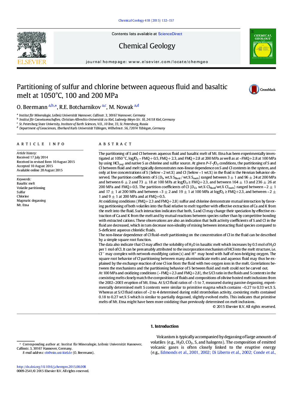 Partitioning of sulfur and chlorine between aqueous fluid and basaltic melt at 1050Â°C, 100 and 200Â MPa