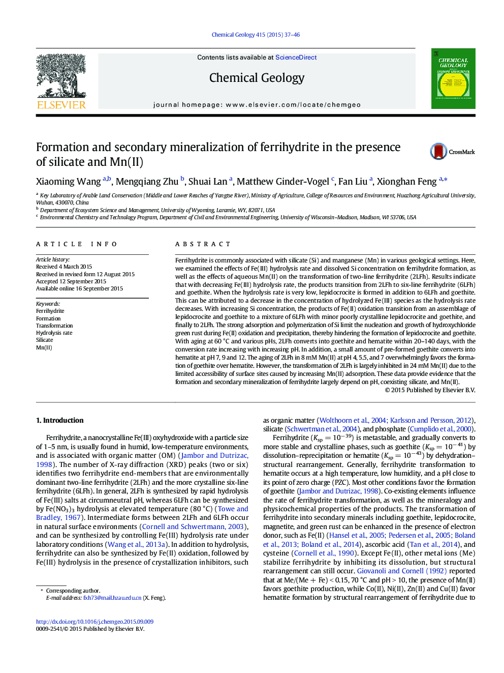 Formation and secondary mineralization of ferrihydrite in the presence of silicate and Mn(II)