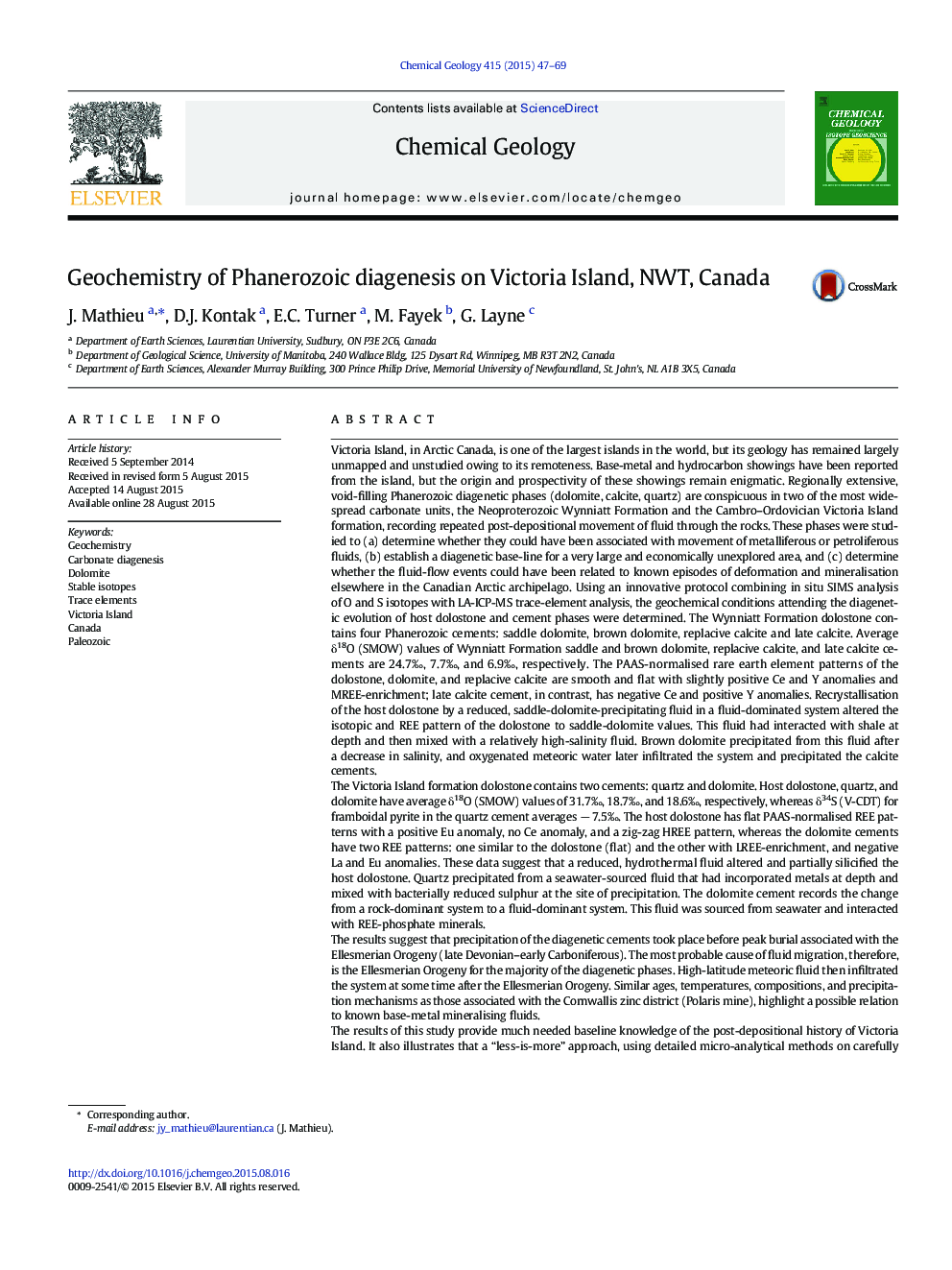 Geochemistry of Phanerozoic diagenesis on Victoria Island, NWT, Canada