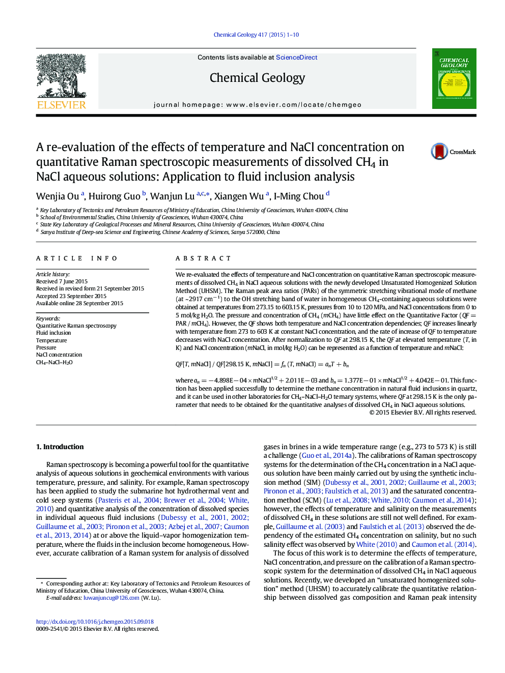 A re-evaluation of the effects of temperature and NaCl concentration on quantitative Raman spectroscopic measurements of dissolved CH4 in NaCl aqueous solutions: Application to fluid inclusion analysis