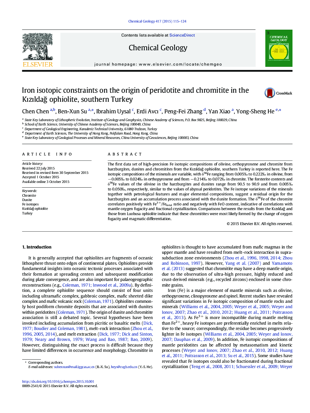 Iron isotopic constraints on the origin of peridotite and chromitite in the KÄ±zÄ±ldaÄ ophiolite, southern Turkey