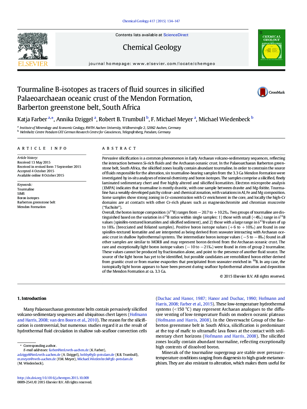 Tourmaline B-isotopes as tracers of fluid sources in silicified Palaeoarchaean oceanic crust of the Mendon Formation, Barberton greenstone belt, South Africa