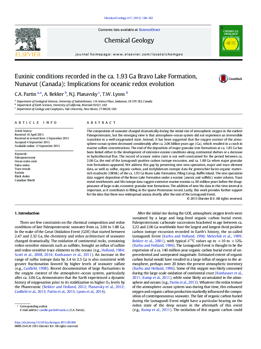 Euxinic conditions recorded in the ca. 1.93 Ga Bravo Lake Formation, Nunavut (Canada): Implications for oceanic redox evolution