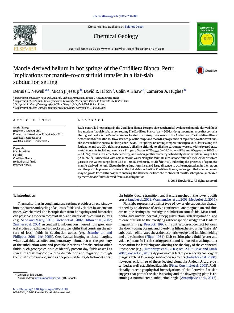 عکس صفحه اول مقاله: Mantle-derived helium in hot springs of the Cordillera Blanca, Peru: Implications for mantle-to-crust fluid transfer in a flat-slab subduction setting Mantle-derived helium in hot springs of the Cordillera Blanca, Peru: Implications for mantle-to-crust fluid transfer in a flat-slab subduction setting