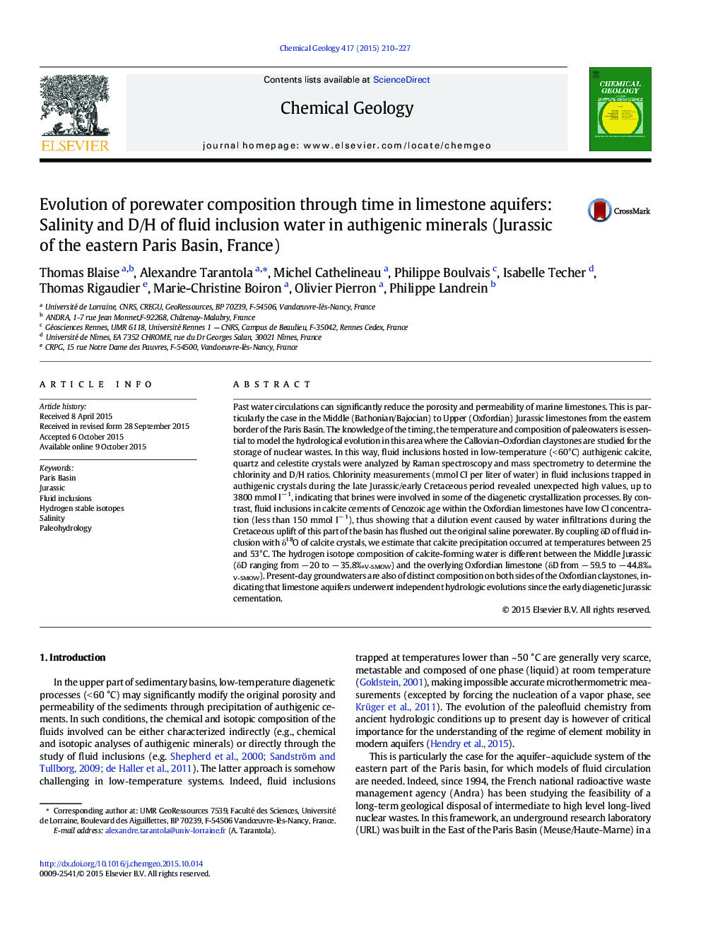 Evolution of porewater composition through time in limestone aquifers: Salinity and D/H of fluid inclusion water in authigenic minerals (Jurassic of the eastern Paris Basin, France)