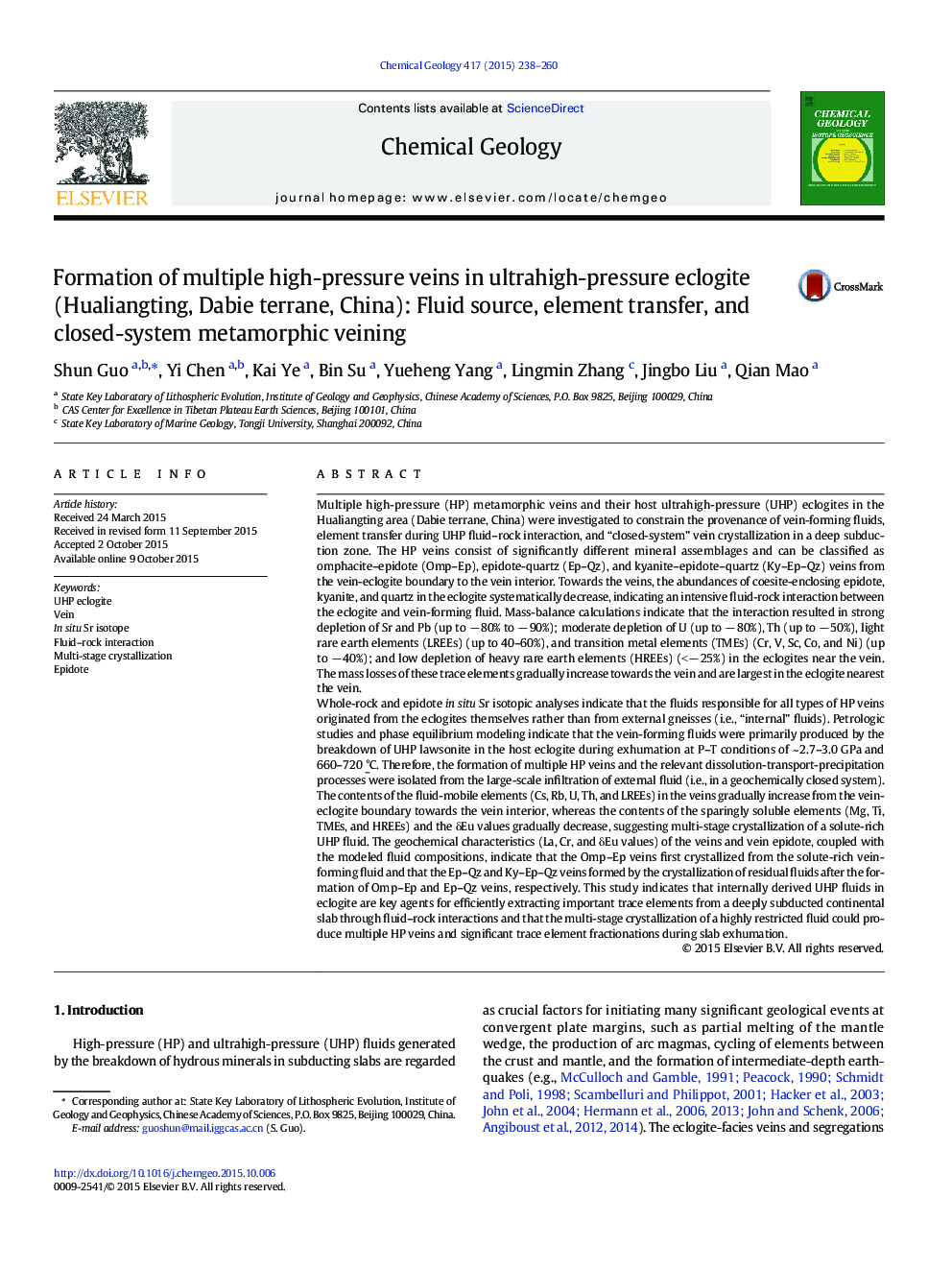 Formation of multiple high-pressure veins in ultrahigh-pressure eclogite (Hualiangting, Dabie terrane, China): Fluid source, element transfer, and closed-system metamorphic veining