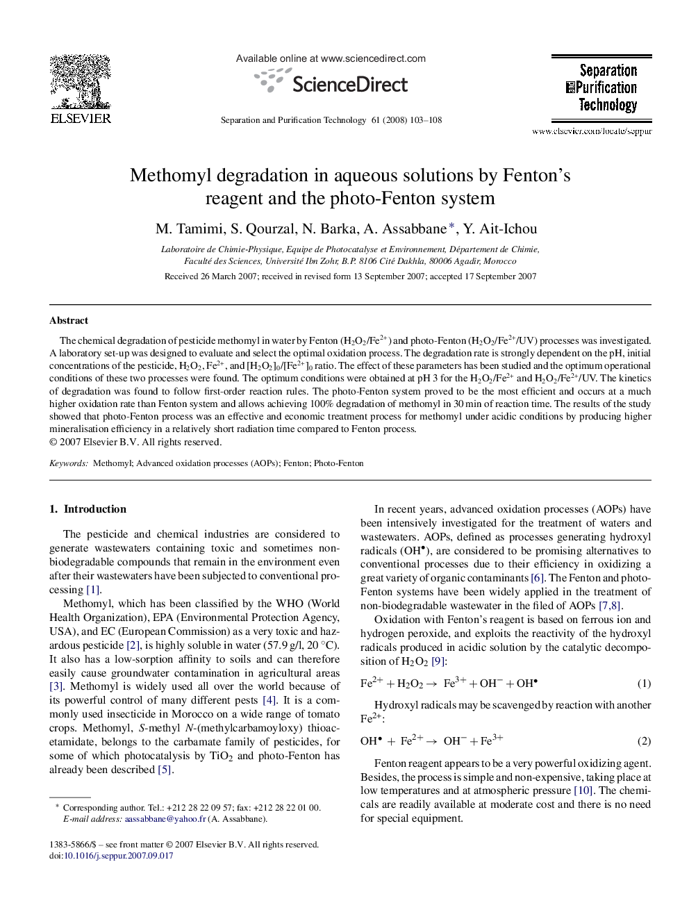 Methomyl degradation in aqueous solutions by Fenton's reagent and the photo-Fenton system