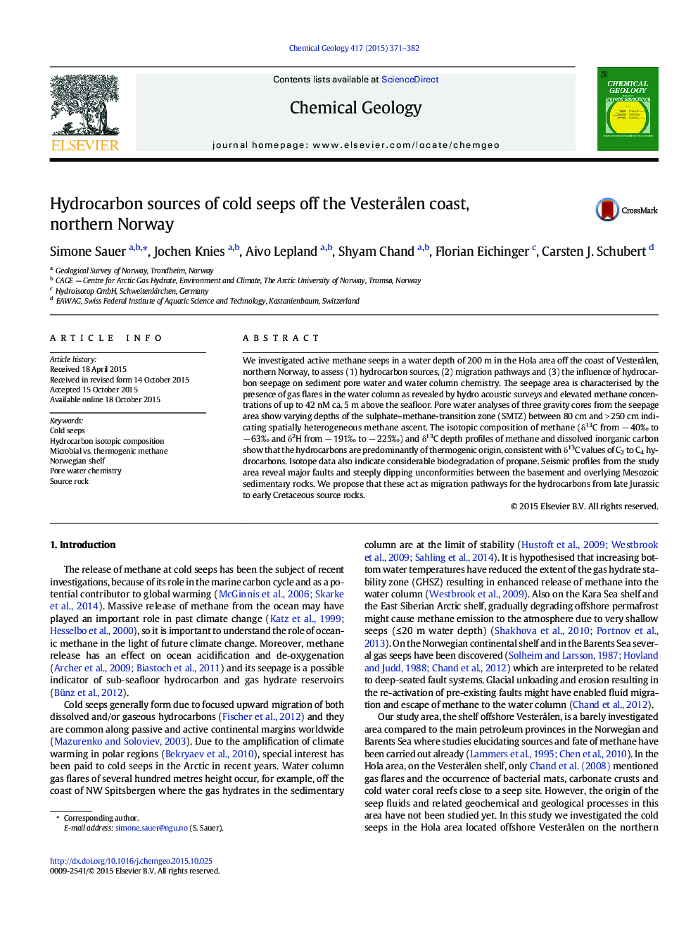 Hydrocarbon sources of cold seeps off the VesterÃ¥len coast, northern Norway