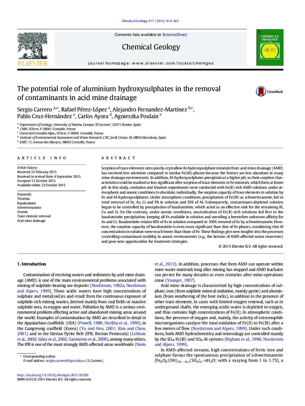 نقش بالقوه هیدروکسید سولفات آلومینیوم در حذف آلاینده ها در زهکشی اسید معدن 