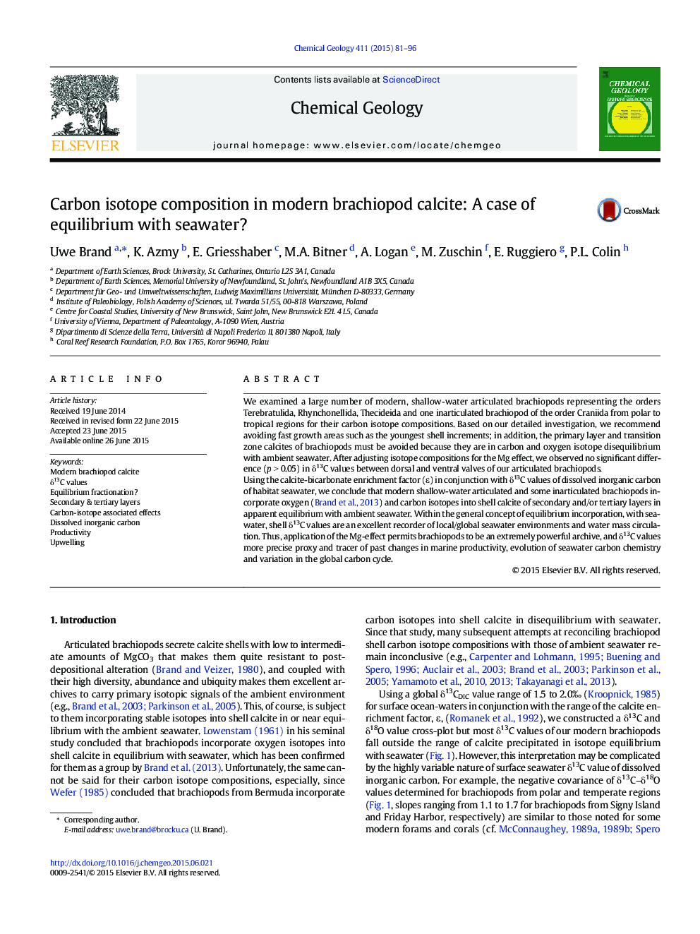 Carbon isotope composition in modern brachiopod calcite: A case of equilibrium with seawater?