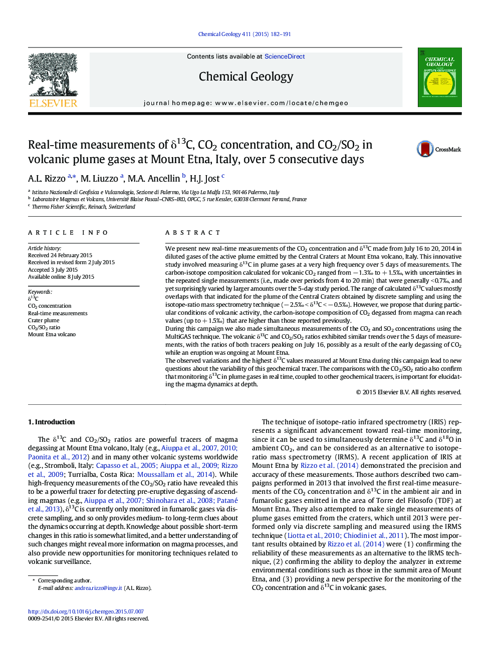 Real-time measurements of Î´13C, CO2 concentration, and CO2/SO2 in volcanic plume gases at Mount Etna, Italy, over 5 consecutive days