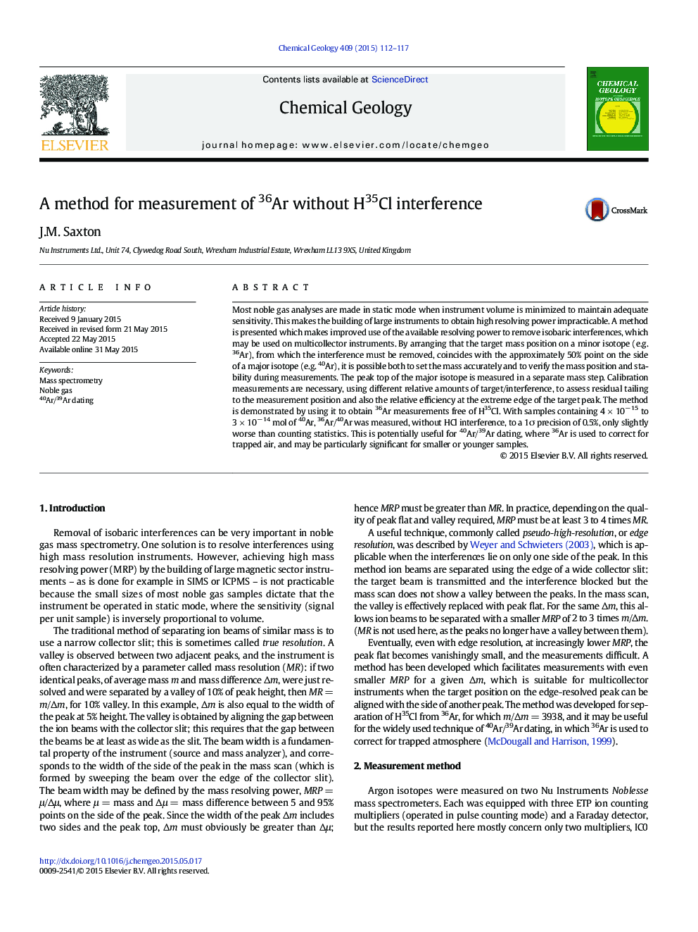 A method for measurement of 36Ar without H35Cl interference