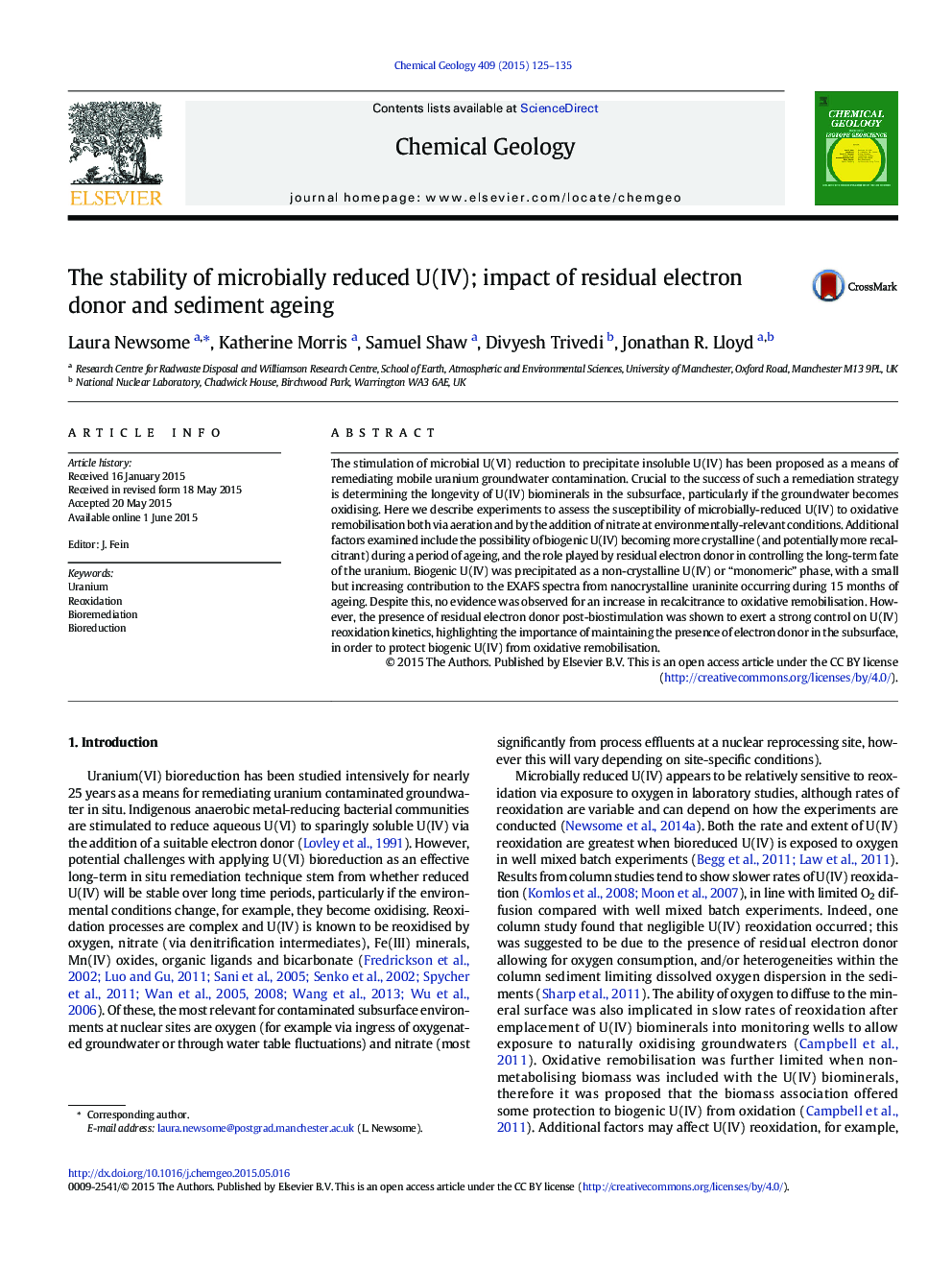 The stability of microbially reduced U(IV); impact of residual electron donor and sediment ageing