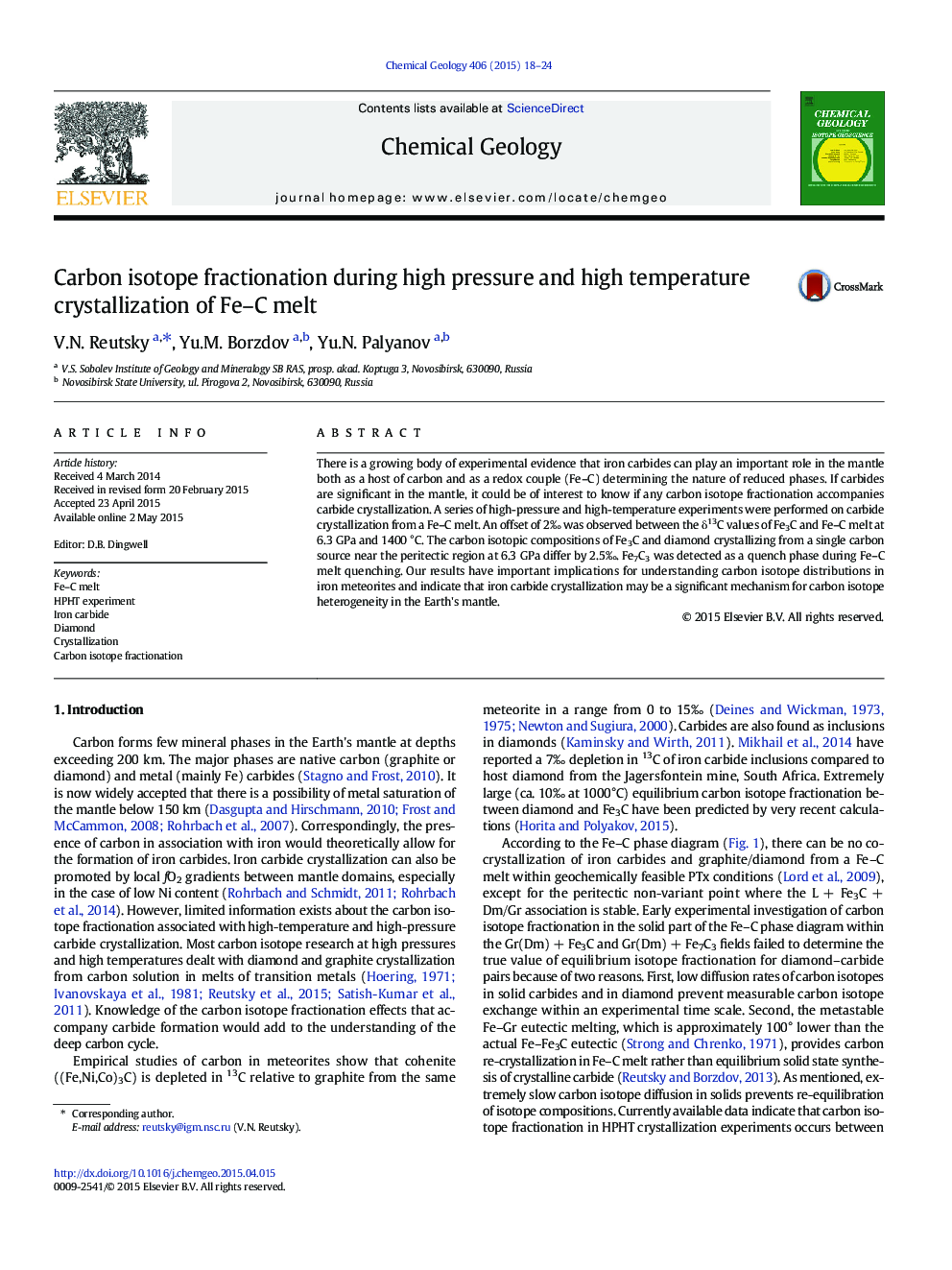 Carbon isotope fractionation during high pressure and high temperature crystallization of Fe-C melt