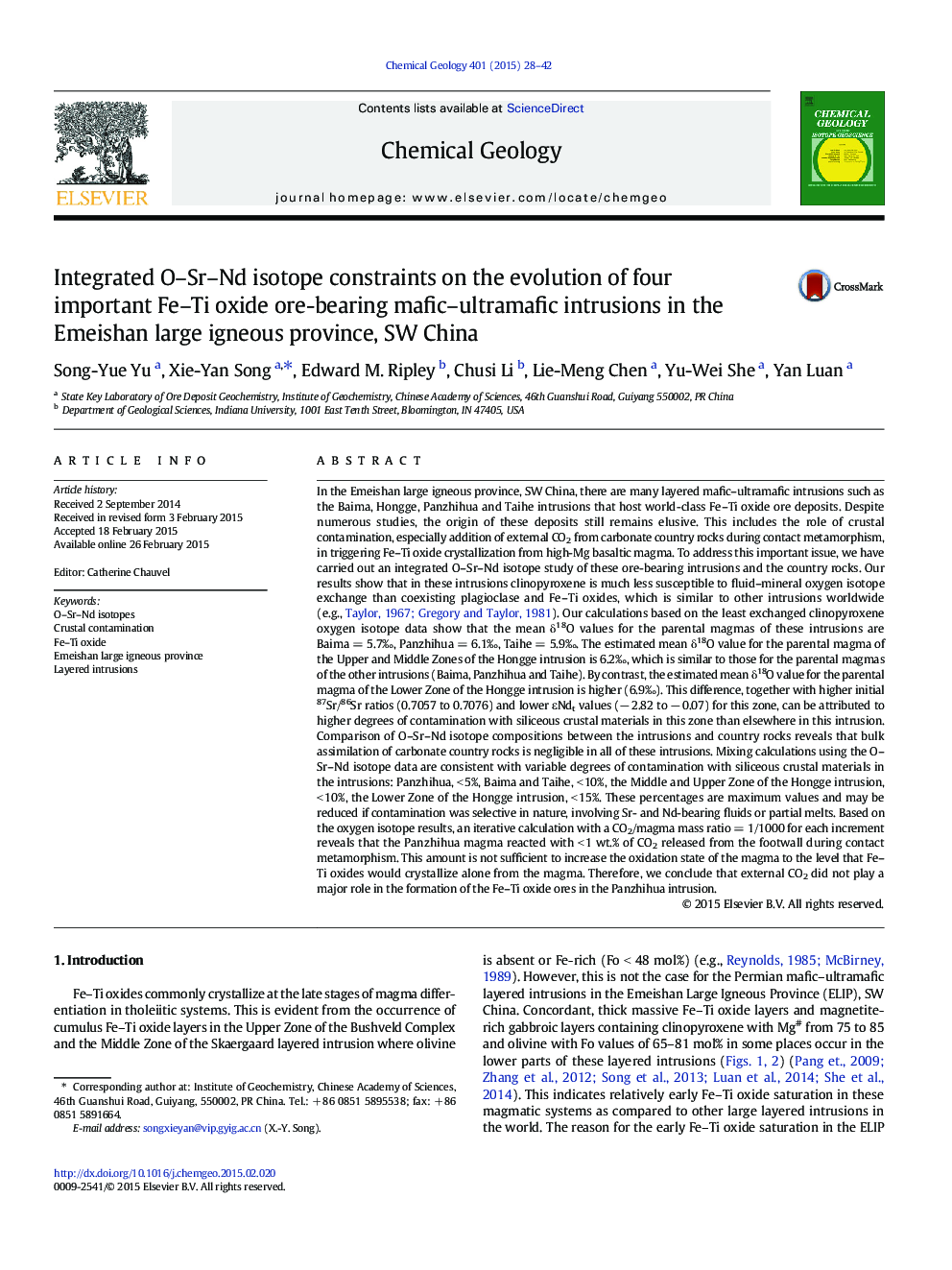 عکس صفحه اول مقاله: Integrated O-Sr-Nd isotope constraints on the evolution of four important Fe-Ti oxide ore-bearing mafic-ultramafic intrusions in the Emeishan large igneous province, SW China Integrated O-Sr-Nd isotope constraints on the evolution of four important Fe-Ti oxide ore-bearing mafic-ultramafic intrusions in the Emeishan large igneous province, SW China