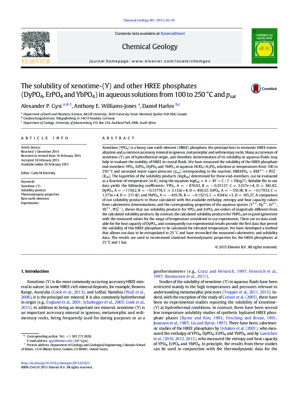 The solubility of xenotime-(Y) and other HREE phosphates (DyPO4, ErPO4 and YbPO4) in aqueous solutions from 100 to 250Â Â°C and psat