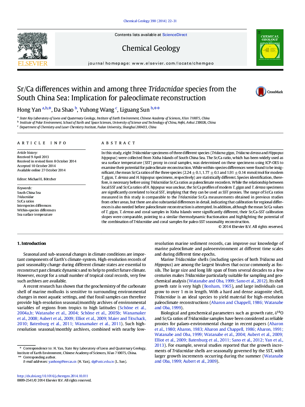 Sr/Ca differences within and among three Tridacnidae species from the South China Sea: Implication for paleoclimate reconstruction