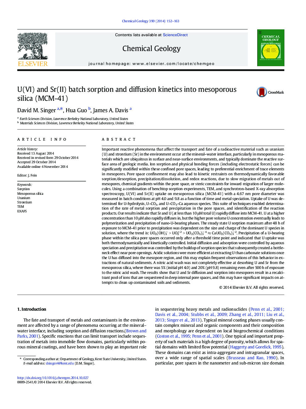 U(VI) and Sr(II) batch sorption and diffusion kinetics into mesoporous silica (MCM-41)