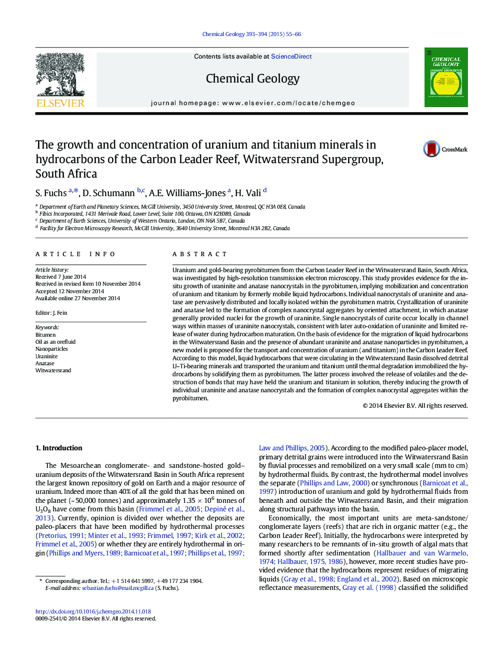 The growth and concentration of uranium and titanium minerals in hydrocarbons of the Carbon Leader Reef, Witwatersrand Supergroup, South Africa