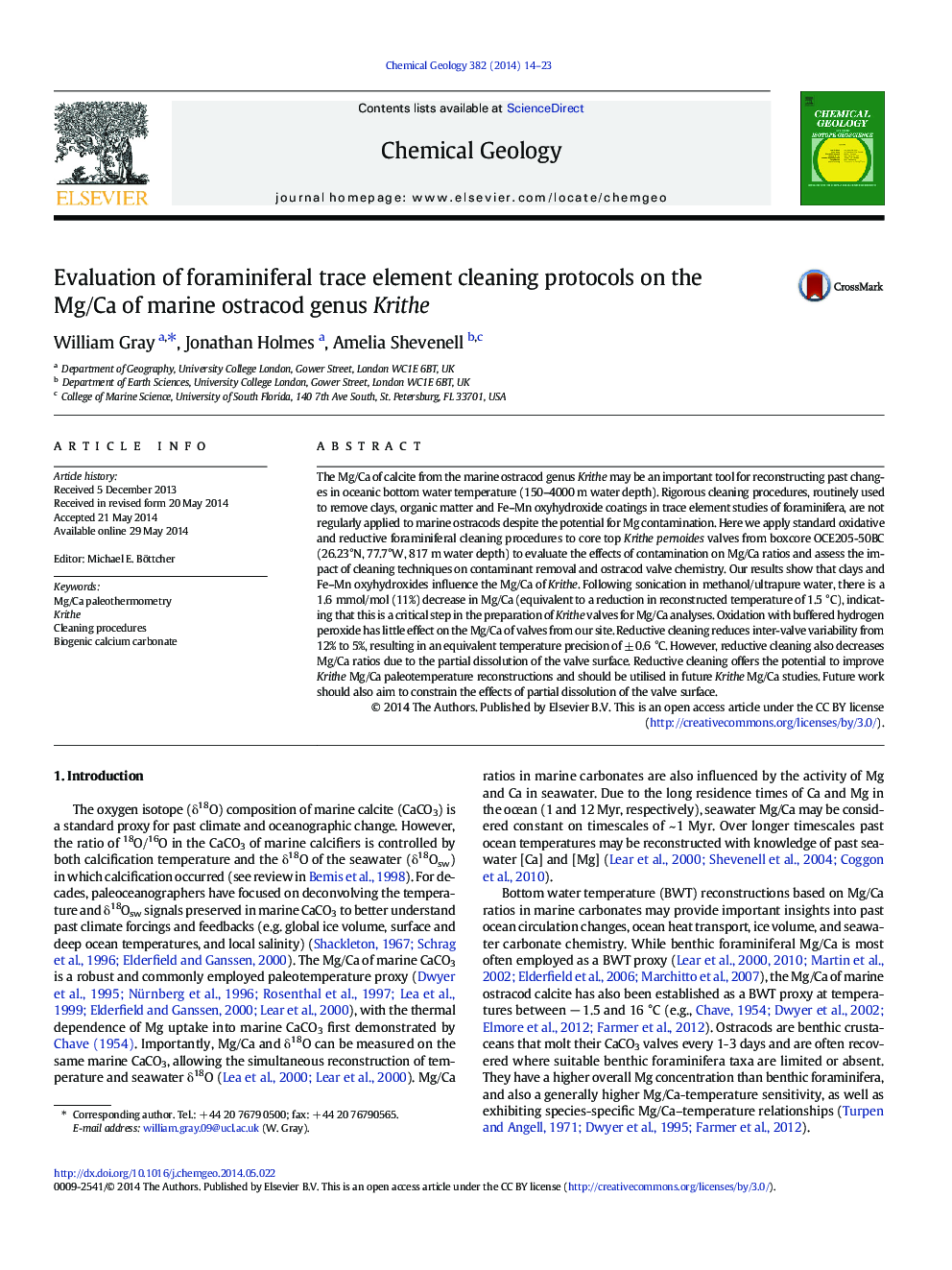 Evaluation of foraminiferal trace element cleaning protocols on the Mg/Ca of marine ostracod genus Krithe